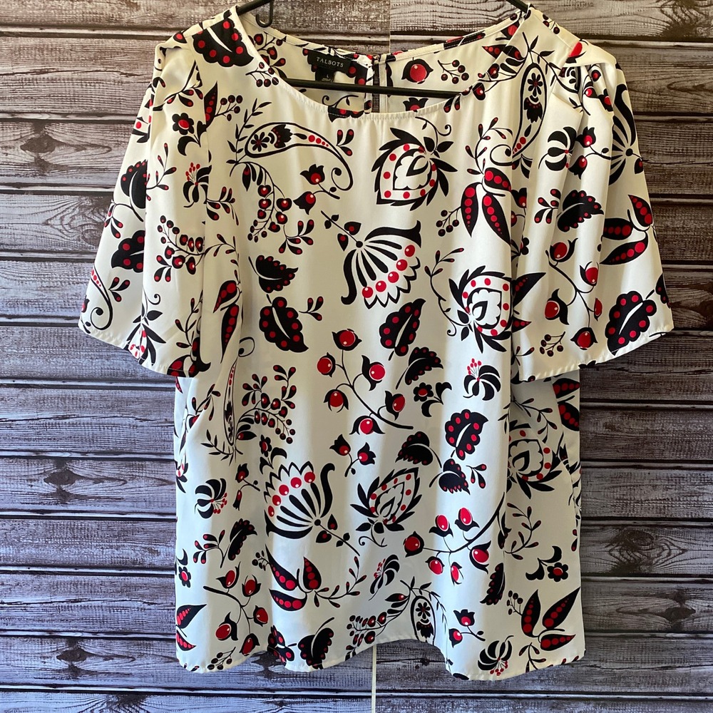 Talbots Women's Short-Sleeved Blouse Size L‎ White Black Red Floral